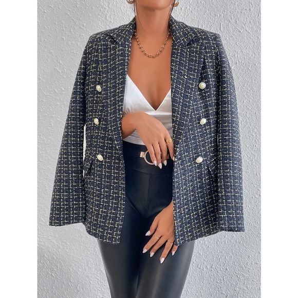 business plazacore tweed Plaid Print Double Breasted Blazer jacket - Picture 8 of 11